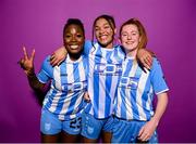 30 January 2023; Players, from left, Vanessa Ogbonna, Neema Nyangasi and Robyn Bolger pose for a portrait during a DLR Waves squad portrait session at Beckett Park in Cherrywood, Dublin. Photo by Stephen McCarthy/Sportsfile