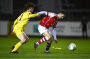 31 January 2023; Jason McClelland of St Patrick's Athletic in action against Brandon McCann of Wexford FC during the Leinster Senior Cup fourth round match between Patrick's Athletic and Wexford at Richmond Park in Dublin. Photo by David Fitzgerald/Sportsfile