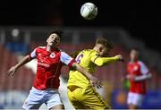 31 January 2023; Luke O'Brien of St Patrick's Athletic in action against Sean Fitzpatrick of Wexford FC during the Leinster Senior Cup fourth round match between Patrick's Athletic and Wexford at Richmond Park in Dublin. Photo by David Fitzgerald/Sportsfile