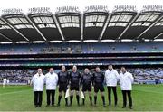 22 January 2023; Referee Johnny Murphy with his match officials before the AIB GAA Hurling All-Ireland Senior Club Championship Final match between Shamrocks Ballyhale of Kilkenny and Dunloy Cúchullain's of Antrim at Croke Park in Dublin. Photo by Piaras Ó Mídheach/Sportsfile