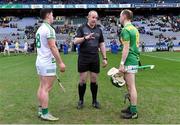 22 January 2023; Referee Johnny Murphy with team captains Ronan Corcoran of Shamrocks Ballyhale and Paul Shiels of Dunloy Cúchullain's before the AIB GAA Hurling All-Ireland Senior Club Championship Final match between Shamrocks Ballyhale of Kilkenny and Dunloy Cúchullain's of Antrim at Croke Park in Dublin. Photo by Piaras Ó Mídheach/Sportsfile