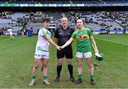 22 January 2023; Referee Johnny Murphy with team captains Ronan Corcoran of Shamrocks Ballyhale and Paul Shiels of Dunloy Cúchullain's before the AIB GAA Hurling All-Ireland Senior Club Championship Final match between Shamrocks Ballyhale of Kilkenny and Dunloy Cúchullain's of Antrim at Croke Park in Dublin. Photo by Piaras Ó Mídheach/Sportsfile