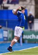 2 February 2023; Cillian Jacobs of St Mary’s College throws a line-out during the Bank of Ireland Leinster Rugby Schools Senior Cup First Round match between St Mary’s College and Wesley College at Energia Park in Dublin. Photo by Daire Brennan/Sportsfile