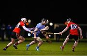 2 February 2023; Cian O’Sullivan of UCD in action against Shane Barrett, left, and Conor Cahalane of UCC during the HE GAA Fitzgibbon Cup Group C match between University College Dublin and University College Cork at Billings Park in Belfield, Dublin. Photo by Seb Daly/Sportsfile