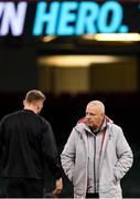 3 February 2023; Wales head coach Warren Gatland, right, speaks to Dan Biggar during the Wales rugby captain's run at Principality Stadium in Cardiff, Wales. Photo by Brendan Moran/Sportsfile