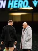 3 February 2023; Wales head coach Warren Gatland, right, speaks to Dan Biggar during the Wales rugby captain's run at Principality Stadium in Cardiff, Wales. Photo by Brendan Moran/Sportsfile