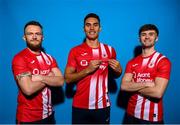 2 February 2023; Players, from left, David Cawley, Max Mata and Niall Morahan pose for a portrait during a Sligo Rovers squad portrait session at The Showgrounds in Sligo. Photo by Stephen McCarthy/Sportsfile