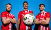 2 February 2023; Players, from left, David Cawley, Max Mata and Niall Morahan pose for a portrait during a Sligo Rovers squad portrait session at The Showgrounds in Sligo. Photo by Stephen McCarthy/Sportsfile