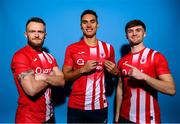 2 February 2023; Players, from left, David Cawley, Max Mata and Niall Morahan pose for a portrait during a Sligo Rovers squad portrait session at The Showgrounds in Sligo. Photo by Stephen McCarthy/Sportsfile