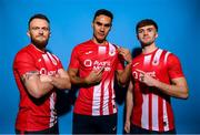 2 February 2023; Players, from left, David Cawley, Max Mata and Niall Morahan pose for a portrait during a Sligo Rovers squad portrait session at The Showgrounds in Sligo. Photo by Stephen McCarthy/Sportsfile