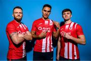 2 February 2023; Players, from left, David Cawley, Max Mata and Niall Morahan pose for a portrait during a Sligo Rovers squad portrait session at The Showgrounds in Sligo. Photo by Stephen McCarthy/Sportsfile