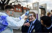3 February 2023; A St Vincent's Castleknock College supporter has his face painted before the Bank of Ireland Leinster Rugby Schools Senior Cup First Round match between CBC Monkstown and St Vincent’s Castleknock College at Energia Park in Dublin. Photo by Tyler Miller/Sportsfile