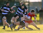 3 February 2023; Ruben Maguire of Catholic University School in action against Sean Finlay of Cistercian College Roscrea during the Bank of Ireland Leinster Rugby Schools Senior Cup First Round match between Cistercian College Roscrea and Catholic University School at Terenure College RFC in Dublin. Photo by Piaras Ó Mídheach/Sportsfile