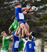 3 February 2023; Adam Tobin of St Andrews School contests a line out with Jamie Kennedy of Gonzaga College during the Bank of Ireland Leinster Rugby Schools Senior Cup First Round match between Gonzaga College and St Andrew's College at Clontarf RFC in Dublin. Photo by Eóin Noonan/Sportsfile