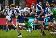 3 February 2023; Adam Tobin of St Andrews School is tackled by Finn O’Neill of Gonzaga College during the Bank of Ireland Leinster Rugby Schools Senior Cup First Round match between Gonzaga College and St Andrew's College at Clontarf RFC in Dublin. Photo by Eóin Noonan/Sportsfile