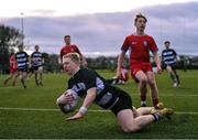 3 February 2023; Adrian Dunne of Cistercian College Roscrea scores a try during the Bank of Ireland Leinster Rugby Schools Senior Cup First Round match between Cistercian College Roscrea and Catholic University School at Terenure College RFC in Dublin. Photo by Piaras Ó Mídheach/Sportsfile