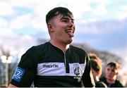 3 February 2023; Mike O'Sullivan of Cistercian College Roscrea celebrates after his side's victory in the Bank of Ireland Leinster Rugby Schools Senior Cup First Round match between Cistercian College Roscrea and Catholic University School at Terenure College RFC in Dublin. Photo by Piaras Ó Mídheach/Sportsfile