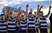 3 February 2023; Cistercian College Roscrea players celebrate after their side's victory in the Bank of Ireland Leinster Rugby Schools Senior Cup First Round match between Cistercian College Roscrea and Catholic University School at Terenure College RFC in Dublin. Photo by Piaras Ó Mídheach/Sportsfile