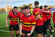 3 February 2023; Luan Moloney of CBC Monkstown celebrates after the Bank of Ireland Leinster Rugby Schools Senior Cup First Round match between CBC Monkstown and St Vincent’s Castleknock College at Energia Park in Dublin. Photo by Tyler Miller/Sportsfile