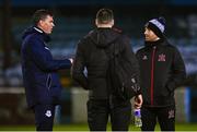 3 February 2023; Drogheda United manager Kevin Doherty, left, in conversation with Dundalk Head of Football Operations Brian Gartland, centre, and Dundalk head coach Stephen O'Donnell before the Jim Malone Cup match between Drogheda United and Dundalk at Weaver's Park in Drogheda, Louth. Photo by Ben McShane/Sportsfile