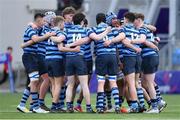 3 February 2023; The CBC Monkstown team huddle before the Bank of Ireland Leinster Rugby Schools Senior Cup First Round match between CBC Monkstown and St Vincent’s Castleknock College at Energia Park in Dublin. Photo by Tyler Miller/Sportsfile