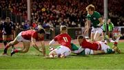 3 February 2023; James Nicholson of Ireland scores a try during the U20 Six Nations Rugby Championship match between Wales and Ireland at Stadiwm CSM in Colwyn Bay, Wales. Photo by Paul Greenwood/Sportsfile