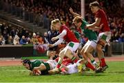 3 February 2023; Ruadhan Quinn of Ireland scores a try during the U20 Six Nations Rugby Championship match between Wales and Ireland at Stadiwm CSM in Colwyn Bay, Wales. Photo by Paul Greenwood/Sportsfile