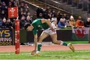 3 February 2023; James Nicholson of Ireland scores his side's fifth try during the U20 Six Nations Rugby Championship match between Wales and Ireland at Stadiwm CSM in Colwyn Bay, Wales. Photo by Paul Greenwood/Sportsfile