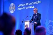 3 February 2023; Uachtarán Chumann Lúthchleas Gael Larry McCarthy speaking during the GAA President's Awards at Croke Park in Dublin. Photo by Seb Daly/Sportsfile
