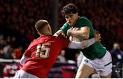 3 February 2023; James Nicholson of Ireland in action against Cameron Winnett of Wales during the U20 Six Nations Rugby Championship match between Wales and Ireland at Stadiwm CSM in Colwyn Bay, Wales. Photo by Paul Greenwood/Sportsfile