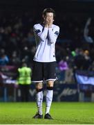 3 February 2023; Louis Annesley of Dundalk reacts after missing a penalty in the penalty shootout after the Jim Malone Cup match between Drogheda United and Dundalk at Weaver's Park in Drogheda, Louth. Photo by Ben McShane/Sportsfile