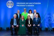 3 February 2023; International award recipient Joan Henchy, New York GAA, and family with Uachtarán Chumann Lúthchleas Gael Larry McCarthy during the GAA President's Awards at Croke Park in Dublin. Photo by Seb Daly/Sportsfile