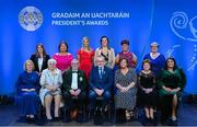 3 February 2023; The 2023 GAA President's Awards recipients, back row, from left, International award recipient Joan Henchy of New York GAA, Handball award recipient Margaret Walsh of Mallow Handball Club, Cork, Education award recipient Tara Rynne of Ennistymon CBS, Clare, LGFA award recipient Elena Byrne of Dunamaggin GAA Club, Kilkenny, Camogie award recipient Deirdre Fitzgerald of Doiretreasc Camogie Club, Tyrone, and Connacht recipient Mary Power of Drumcliffe Rosses GAA Club, Sligo, front row, from left, Ulster recipient Margaret Keenan of St Patrick’s GFC, Gortin, Tyrone, the Dermot Earley Family award recipients Pat and Philip snr of St Paul's Lurgan, Armagh, Uachtarán Chumann Lúthchleas Gael Larry McCarthy, Munster award recipient Sandra English of Rockwell Rovers GAA, Tipperary, Leinster award recipient Mary Foley of Buffer’s Alley GAA Club, Wexford, and Gradam na Gaeilge recipient Bronagh Lennon of CLG Naomh Muire Achadh Gallan, Aontroim, during the GAA President's Awards at Croke Park in Dublin. Photo by Seb Daly/Sportsfile