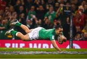 4 February 2023; James Lowe of Ireland scores his side's third try during the Guinness Six Nations Rugby Championship match between Wales and Ireland at Principality Stadium in Cardiff, Wales. Photo by David Fitzgerald/Sportsfile