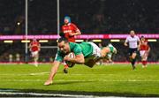 4 February 2023; James Lowe of Ireland scores his side's third try during the Guinness Six Nations Rugby Championship match between Wales and Ireland at Principality Stadium in Cardiff, Wales. Photo by Brendan Moran/Sportsfile