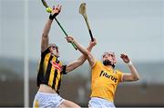 4 February 2023; James McNaughton of Antrim in action against David Blanchfield of Kilkenny during the Allianz Hurling League Division 1 Group B match between Antrim and Kilkenny at Corrigan Park in Belfast. Photo by Ramsey Cardy/Sportsfile