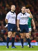 4 February 2023; Referee Karl Dickson, right, during the Guinness Six Nations Rugby Championship match between Wales and Ireland at Principality Stadium in Cardiff, Wales. Photo by Brendan Moran/Sportsfile