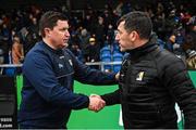 4 February 2023; Antrim manager Darren Gleeson, left, and Kilkenny manager Derek Lyng after the Allianz Hurling League Division 1 Group B match between Antrim and Kilkenny at Corrigan Park in Belfast. Photo by Ramsey Cardy/Sportsfile