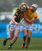 4 February 2023; Niall Rowey of Kilkenny in action against Seaan Elliott of Antrim during the Allianz Hurling League Division 1 Group B match between Antrim and Kilkenny at Corrigan Park in Belfast. Photo by Ramsey Cardy/Sportsfile