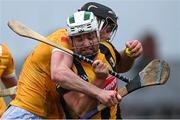 4 February 2023; Padraig Walsh of Kilkenny is tackled by Gerard Walsh of Antrim during the Allianz Hurling League Division 1 Group B match between Antrim and Kilkenny at Corrigan Park in Belfast. Photo by Ramsey Cardy/Sportsfile