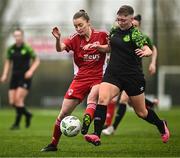 4 February 2023; Jamie Thompson of Shamrock Rovers in action against Danielle Burke of Cork City during the pre-season friendly match between Cork City and Shamrock Rovers at Charleville Community Sports Complex in Cork. Photo by Eóin Noonan/Sportsfile
