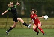 4 February 2023; Erika Manfre of Cork City in action against Abbie Larkin of Shamrock Rovers during the pre-season friendly match between Cork City and Shamrock Rovers at Charleville Community Sports Complex in Cork. Photo by Eóin Noonan/Sportsfile