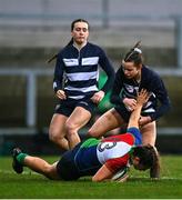4 February 2023; Leah Tarpey of Combined Provinces XV scores her side's first try despite the tackle of Roma Fraser of The Thistles during the Celtic Challenge 2023 match between Combined Provinces XV and The Thistles at Kingspan Stadium in Belfast. Photo by Ben McShane/Sportsfile