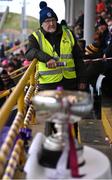4 February 2023; Steward Brendan Benson looks after the Walsh Cup before the Allianz Hurling League Division 1 Group A match, which doubled up as the Walsh Cup Final, between Wexford and Galway at Chadwicks Wexford Park in Wexford. Photo by Piaras Ó Mídheach/Sportsfile