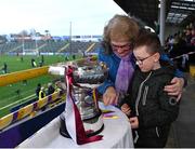 4 February 2023; Wexford supporters Bríd Hanrick, from Killinick, and her grandson Jack Donohue, age 6, and from Murrintown, take a closer look at the Walsh Cup before the Allianz Hurling League Division 1 Group A match, which doubled up as the Walsh Cup Final, between Wexford and Galway at Chadwicks Wexford Park in Wexford. Photo by Piaras Ó Mídheach/Sportsfile