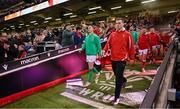 4 February 2023; Ireland captain Jonathan Sexton leads his team onto the pitch before the Guinness Six Nations Rugby Championship match between Wales and Ireland at Principality Stadium in Cardiff, Wales. Photo by Brendan Moran/Sportsfile