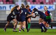 4 February 2023; Niamh O'Dowd of Combined Provinces XV is tackled by The Thistles players, from left, Holly McIntyre, Mairi McDonald and Sarah Denholm during the Celtic Challenge 2023 match between Combined Provinces XV and The Thistles at Kingspan Stadium in Belfast. Photo by Ben McShane/Sportsfile