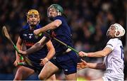 4 February 2023; Cathal Barrett of Tipperary, centre, supported by Ronan Maher, left, in action against Martin Phelan of Laois during the Allianz Hurling League Division 1 Group B match between Tipperary and Laois at FBD Semple Stadium in Thurles, Tipperary. Photo by Sam Barnes/Sportsfile