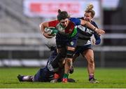 4 February 2023; Deirbhile Nic a Bhaird of Combined Provinces XV is tackled by Panashe Mazumbe, left, and Mairi McDonald of The Thistles during the Celtic Challenge 2023 match between Combined Provinces XV and The Thistles at Kingspan Stadium in Belfast. Photo by Ben McShane/Sportsfile