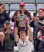 4 February 2023; Galway captain Conor Whelan lifts the Walsh Cup after his side's victory in the Allianz Hurling League Division 1 Group A match, which doubled up as the Walsh Cup Final, between Wexford and Galway at Chadwicks Wexford Park in Wexford. Photo by Piaras Ó Mídheach/Sportsfile
